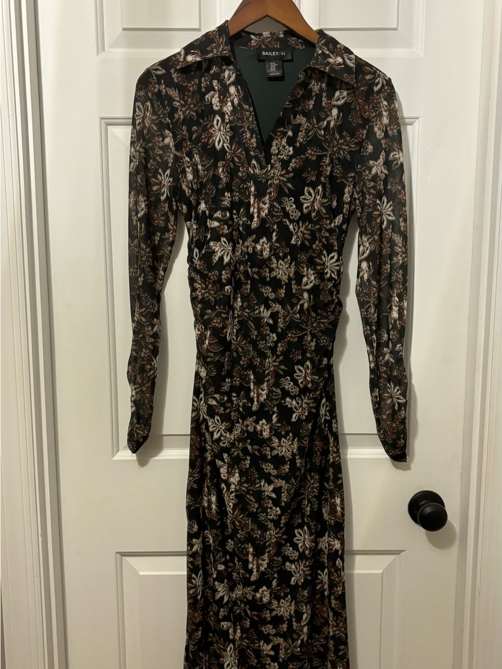 Bailey 44 Green Floral Long Sleeve Raughed Dress with Cream & Brown Accents